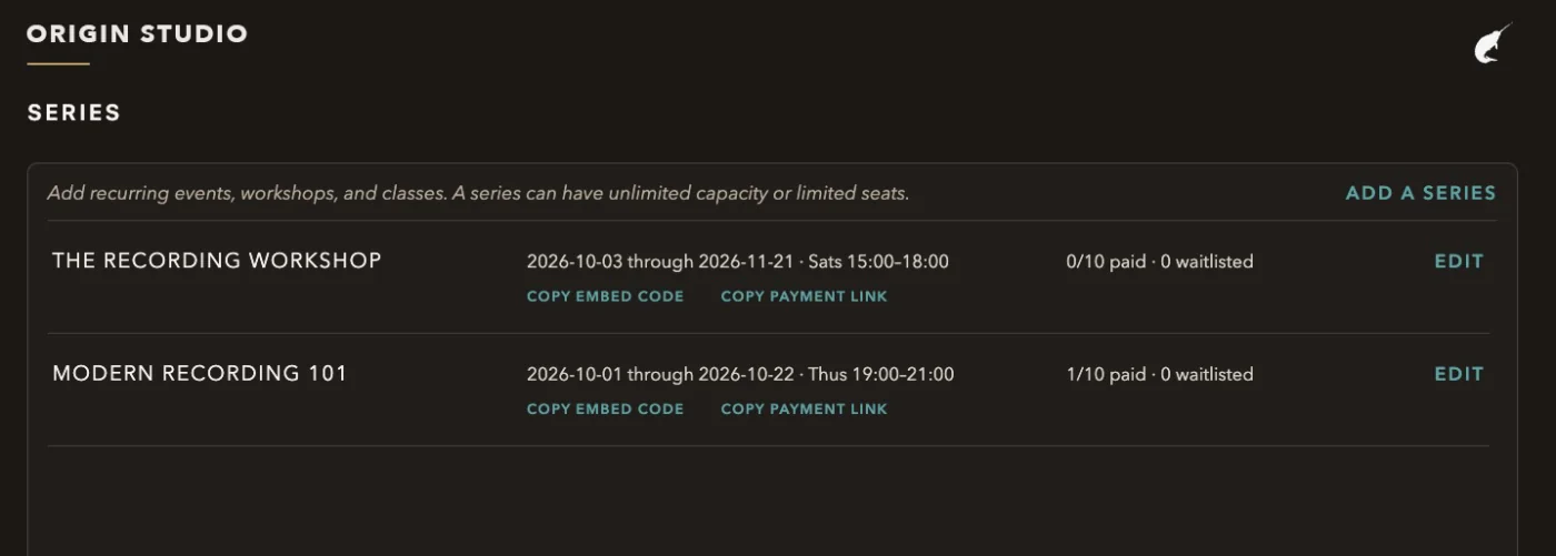 Class series in Havens: The Recording Workshop on Saturdays and Modern Recording 101 on Thursdays, each with dates, paid seats, a waitlist, an embed code, and a payment link.